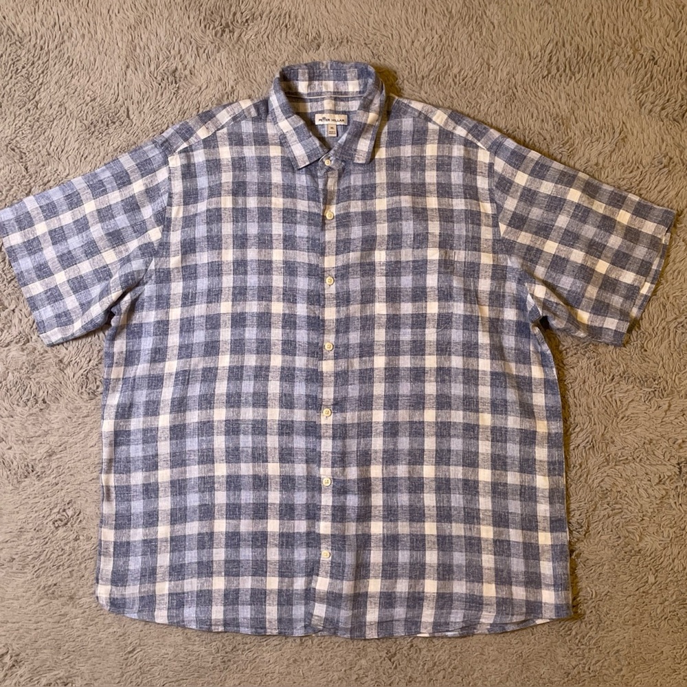 Peter Millar Shirt Mens XL Blue White Check Plaid Linen Button Up Short Sleeve